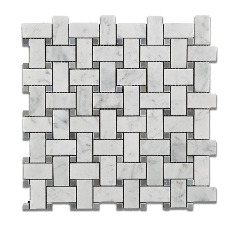 White Carrara Marble Honed Basketweave w/Gray Dots Mosaic Tile