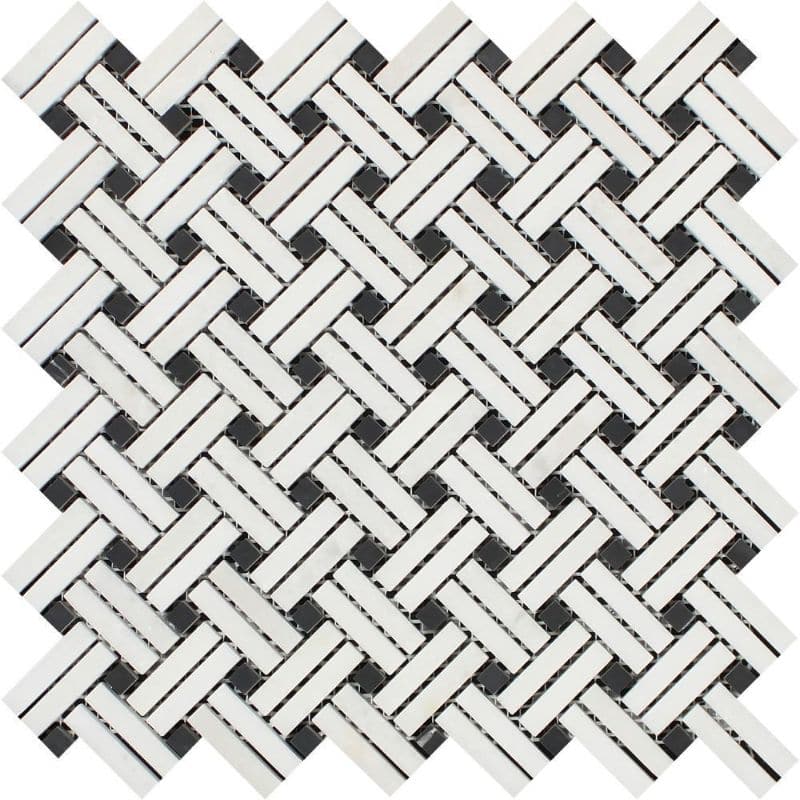 Thassos White Marble Stanza Black Dot Polished Mosaic Tile