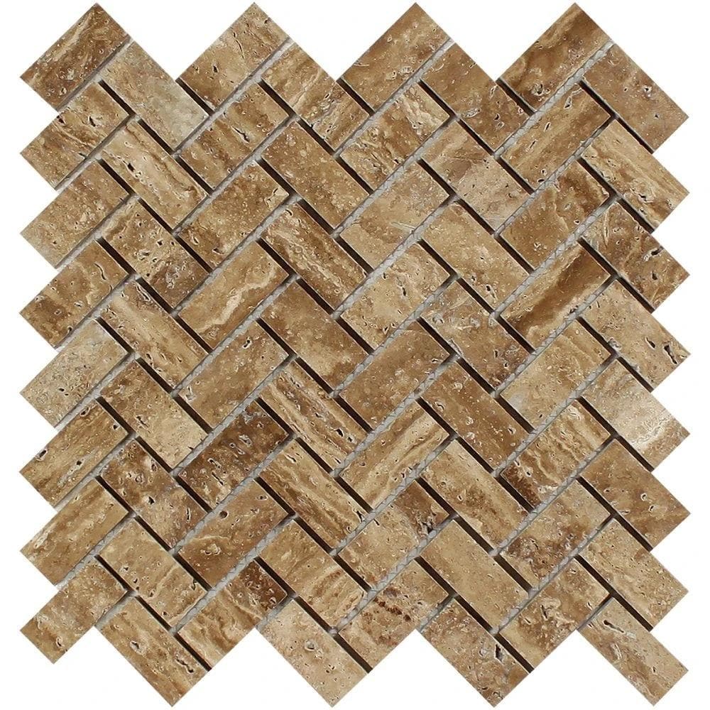 Noce Travertine 1 x 2 Unfilled Polished Herringbone Mosaic Tile