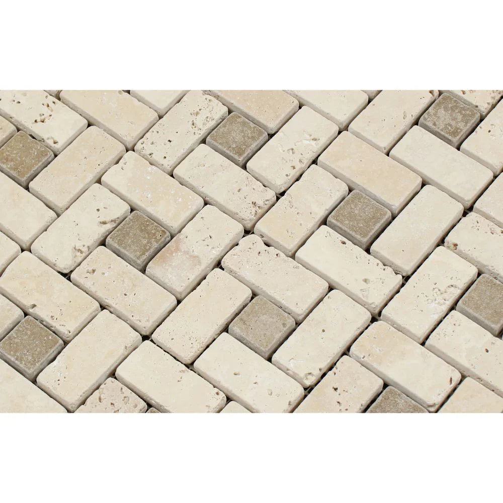 Ivory Travertine 1x2 Tumbled Large Pinwheel Mosaic Tile w/ Noce Dots