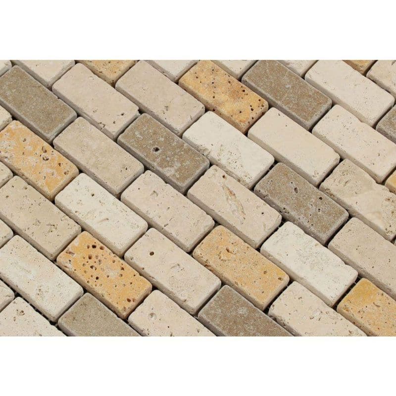 Mixed Travertine 1x2 Tumbled Mosaic Tile