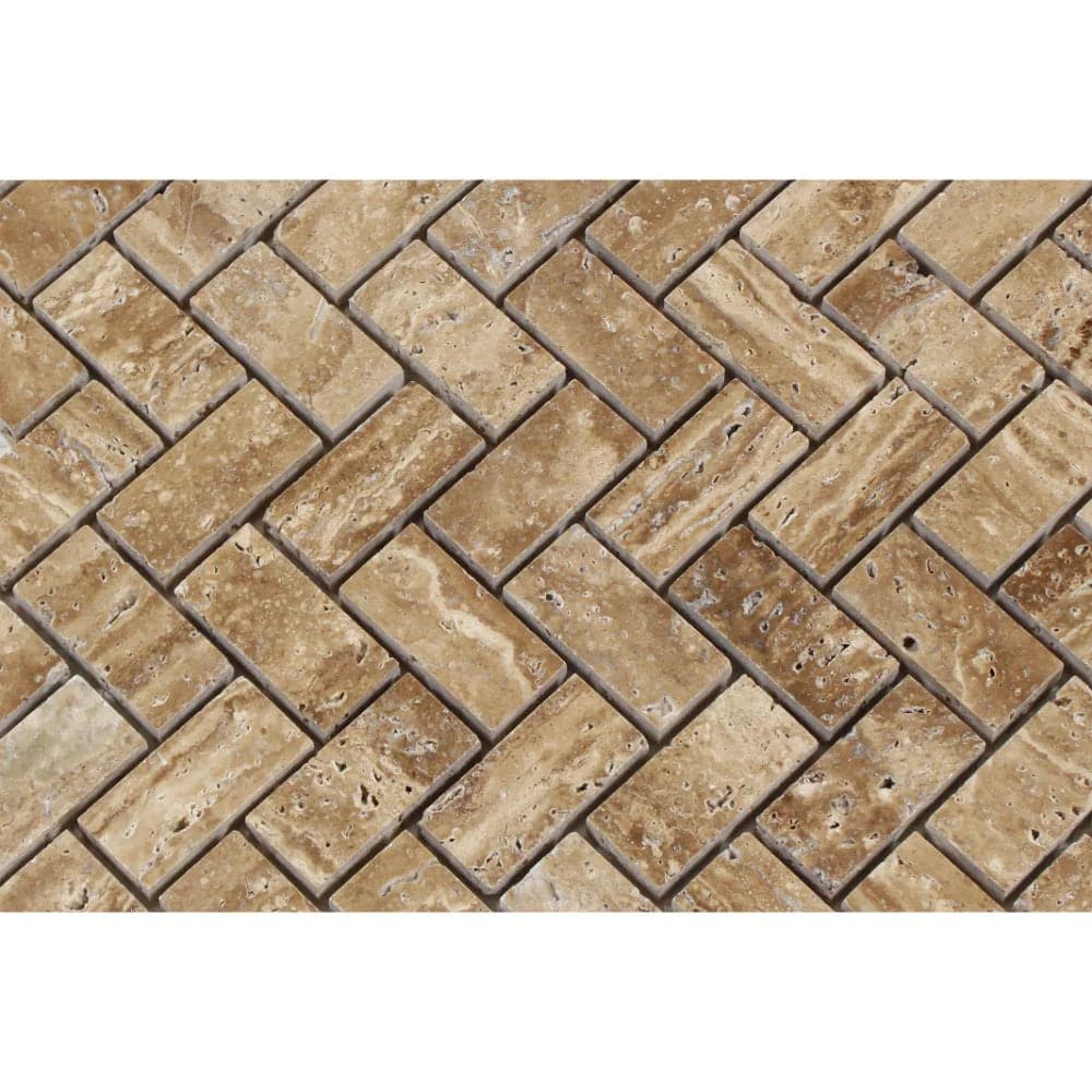 Noce Travertine 1 x 2 Unfilled Polished Herringbone Mosaic Tile