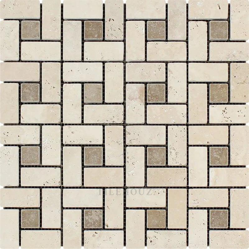 Ivory Travertine 1x2 Tumbled Large Pinwheel Mosaic Tile w/ Noce Dots