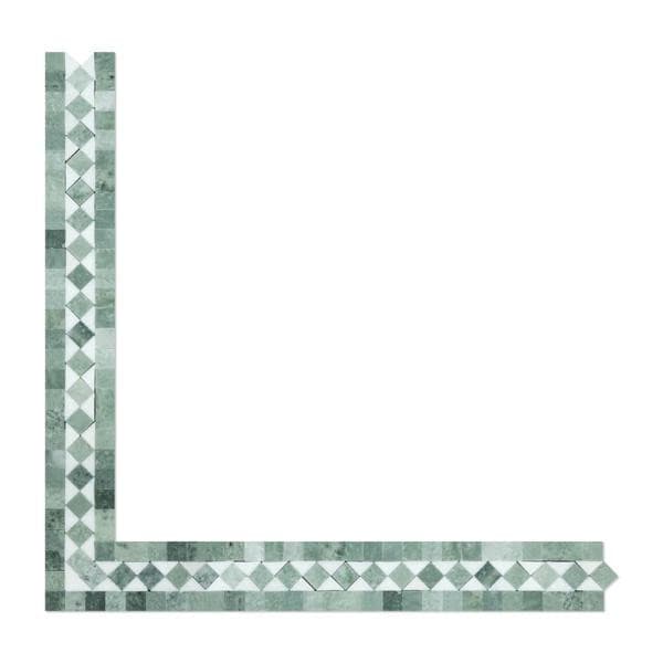 2 x 12 Polished Thassos White Marble BIAS Border w/ Ming Green Dots