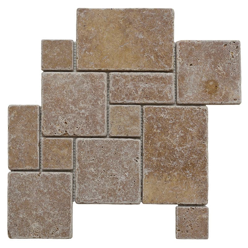 Noce Travertine Opus Mini Pattern Tumbled Mosaic Tile