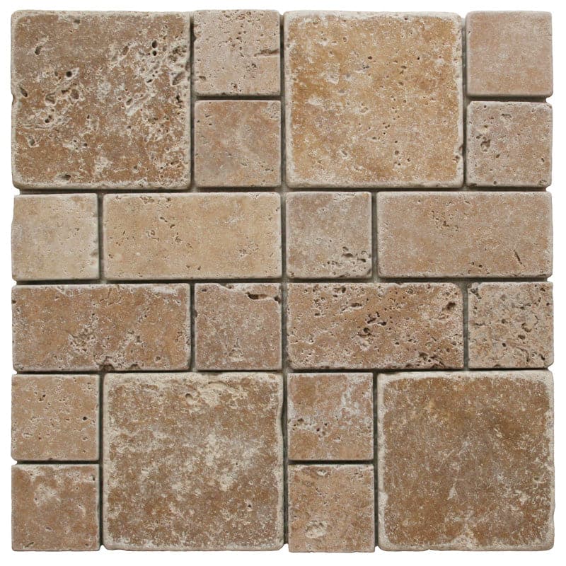 Noce Travertine Mini Pattern Tumbled Mosaic Tile