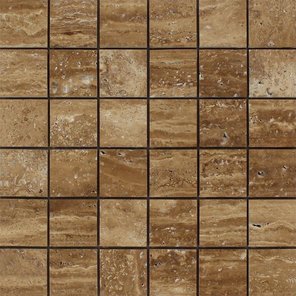 Noce Travertine 2x2 Unfilled Brushed Vein Cut Mosaic Tile