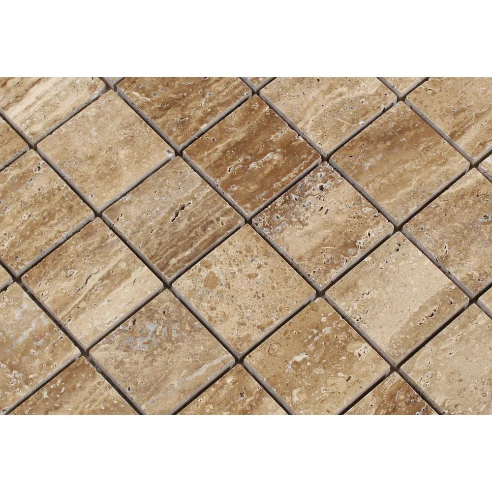 Noce Travertine 2x2 Unfilled Brushed Vein Cut Mosaic Tile