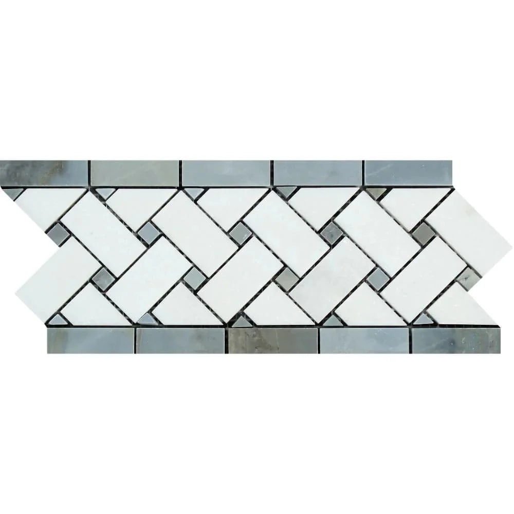 Thassos White Marble Honed Basketweave Border w/ Blue-Gray Dots