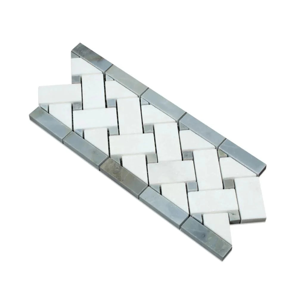 Thassos White Marble Honed Basketweave Border w/ Blue-Gray Dots