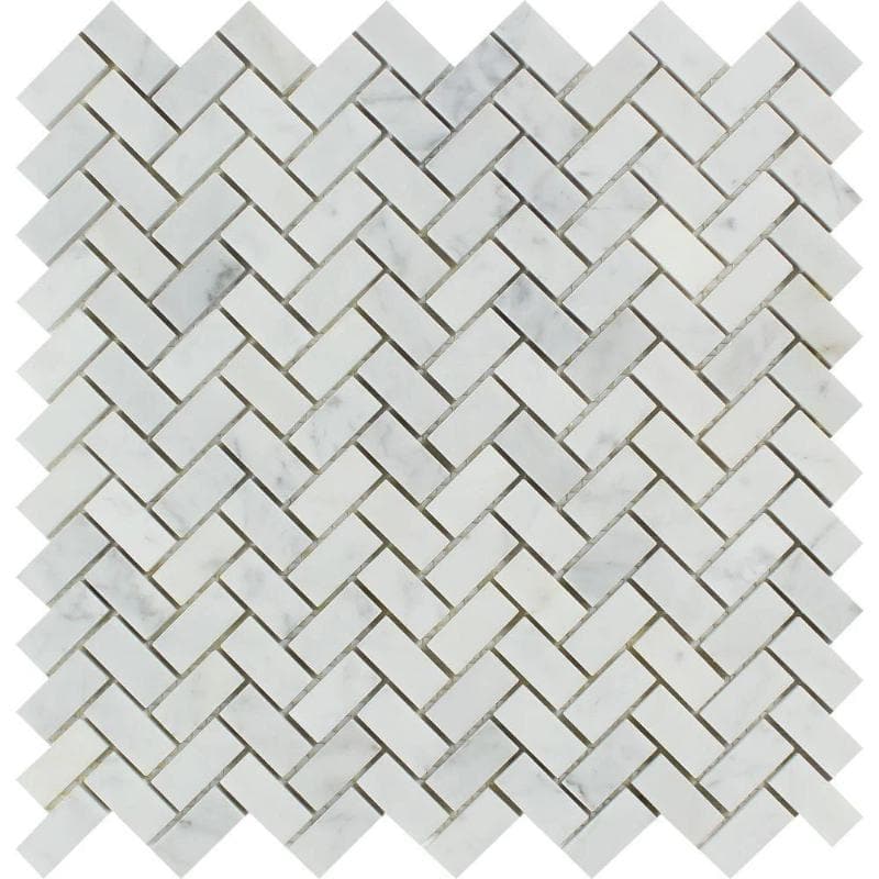 White Carrara Marble 5/8x1 1/4 Herringbone Honed Mosaic Tile