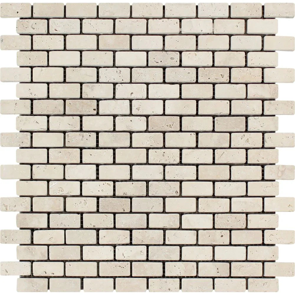Ivory Travertine 5/8 x 1 1/4 Mini Brick Tumbled Mosaic Tile