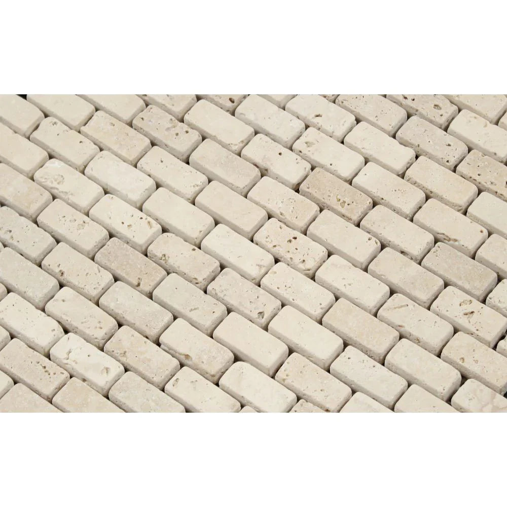 Ivory Travertine 5/8 x 1 1/4 Mini Brick Tumbled Mosaic Tile