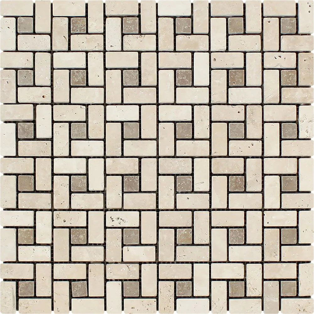 Ivory Travertine Tumbled Mini Pinwheel Mosaic Tile w/ Noce Dots