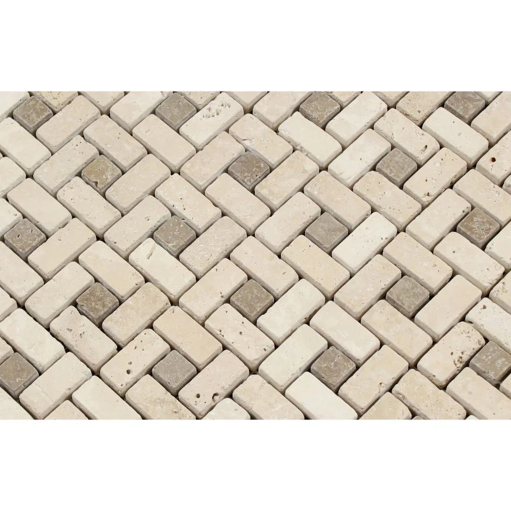 Ivory Travertine Tumbled Mini Pinwheel Mosaic Tile w/ Noce Dots