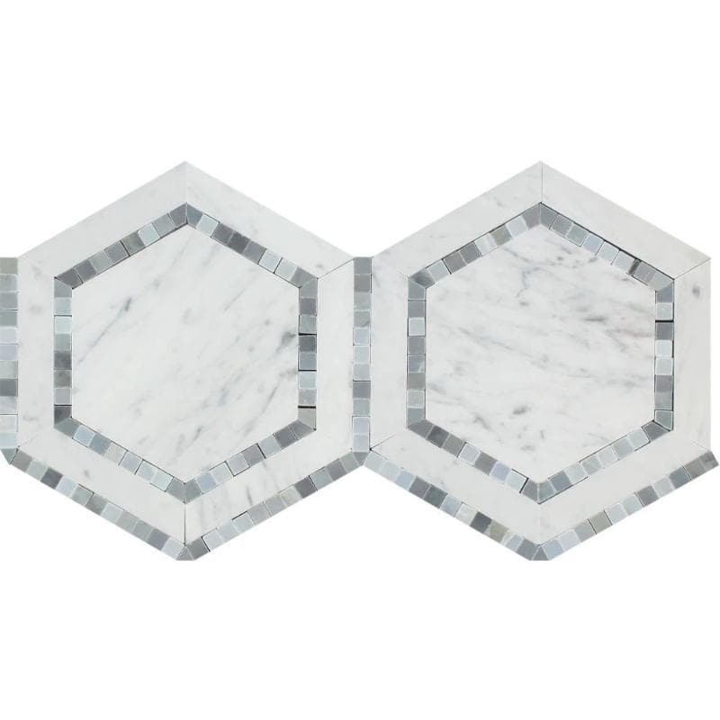 White Carrara Marble 5x5 Hexagon with Blue Polished Mosaic Tile