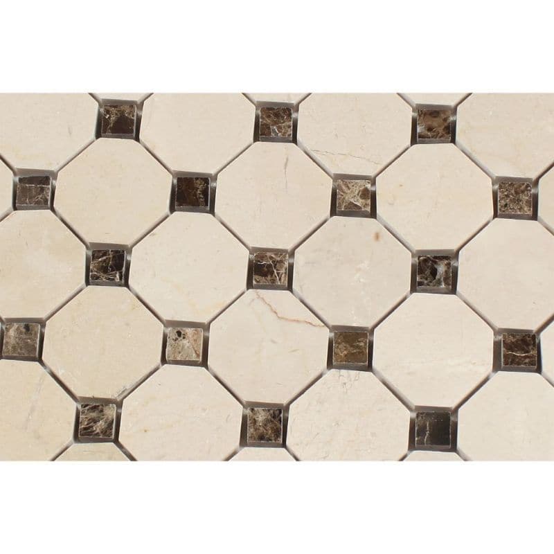 Crema Marfil Marble Octagon with Brown Dots Polished Mosaic Tile