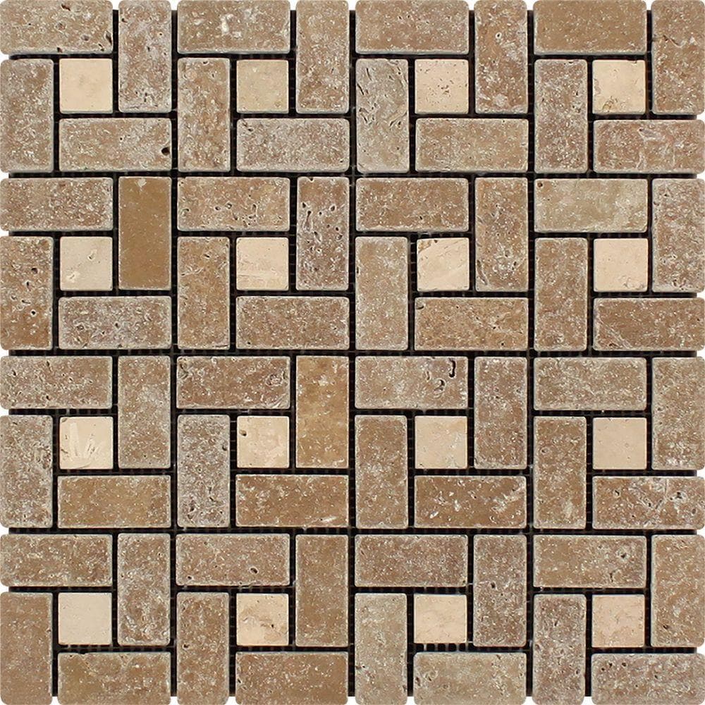 Noce Travertine 1x2 Tumbled Large Pinwheel Mosaic Tile w/ Ivory Dots