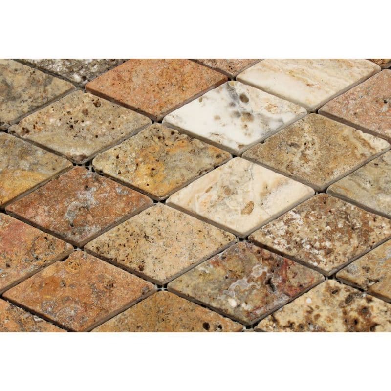 Scabos Travertine 2x4 Diamond Tumbled Mosaic Tile