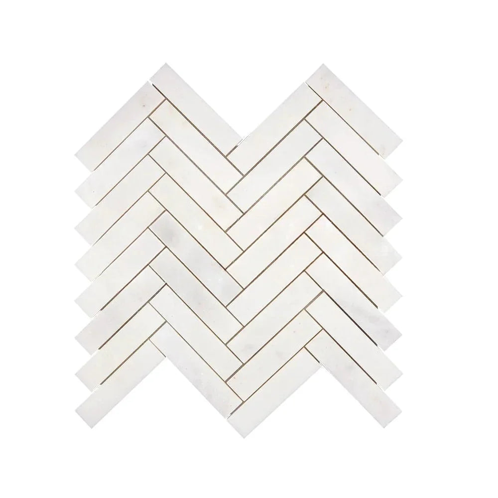 Afyon White Marble 1x4 Polished Herringbone Mosaic Tile
