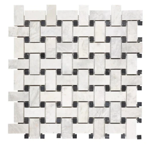 Bianco Congelato Nimbus Marble Basketweave w/ Black Mosaic Tile
