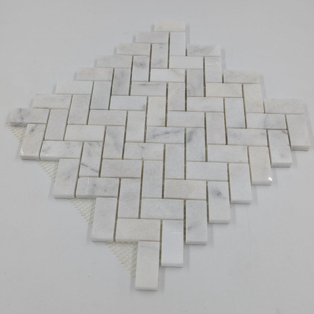 Bianco Caldo Mugla White 1x2 Herringbone Polished Mosaic Tile