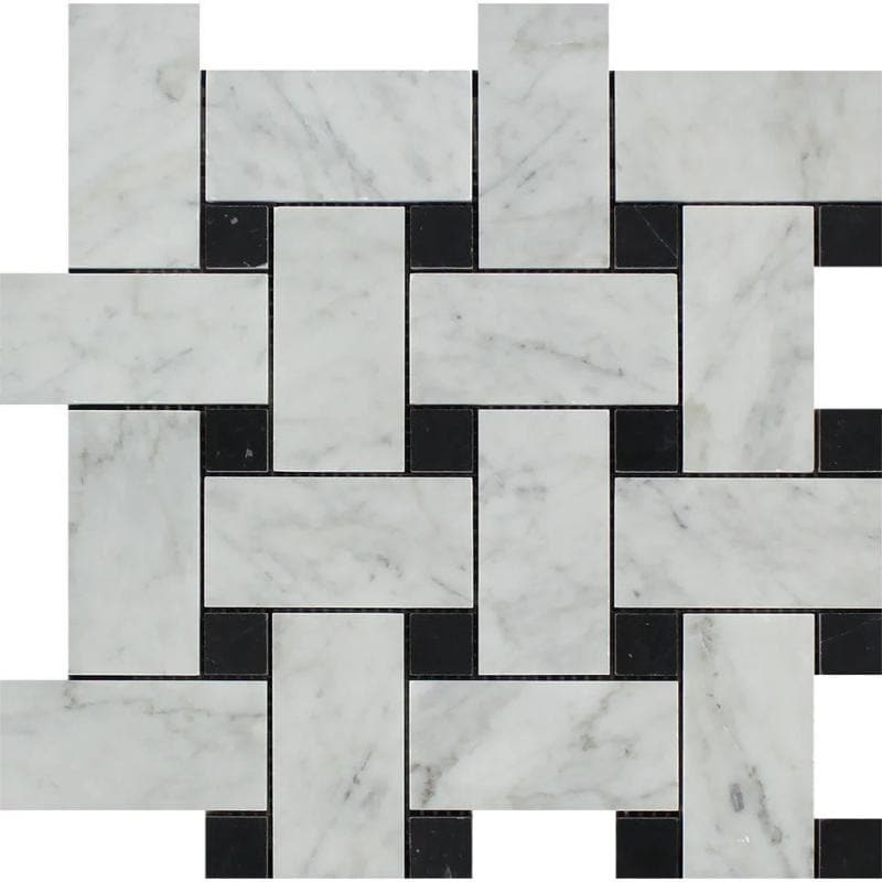 White Carrara Marble Large Basketweave with Black Dots Polished Mosaic Tile