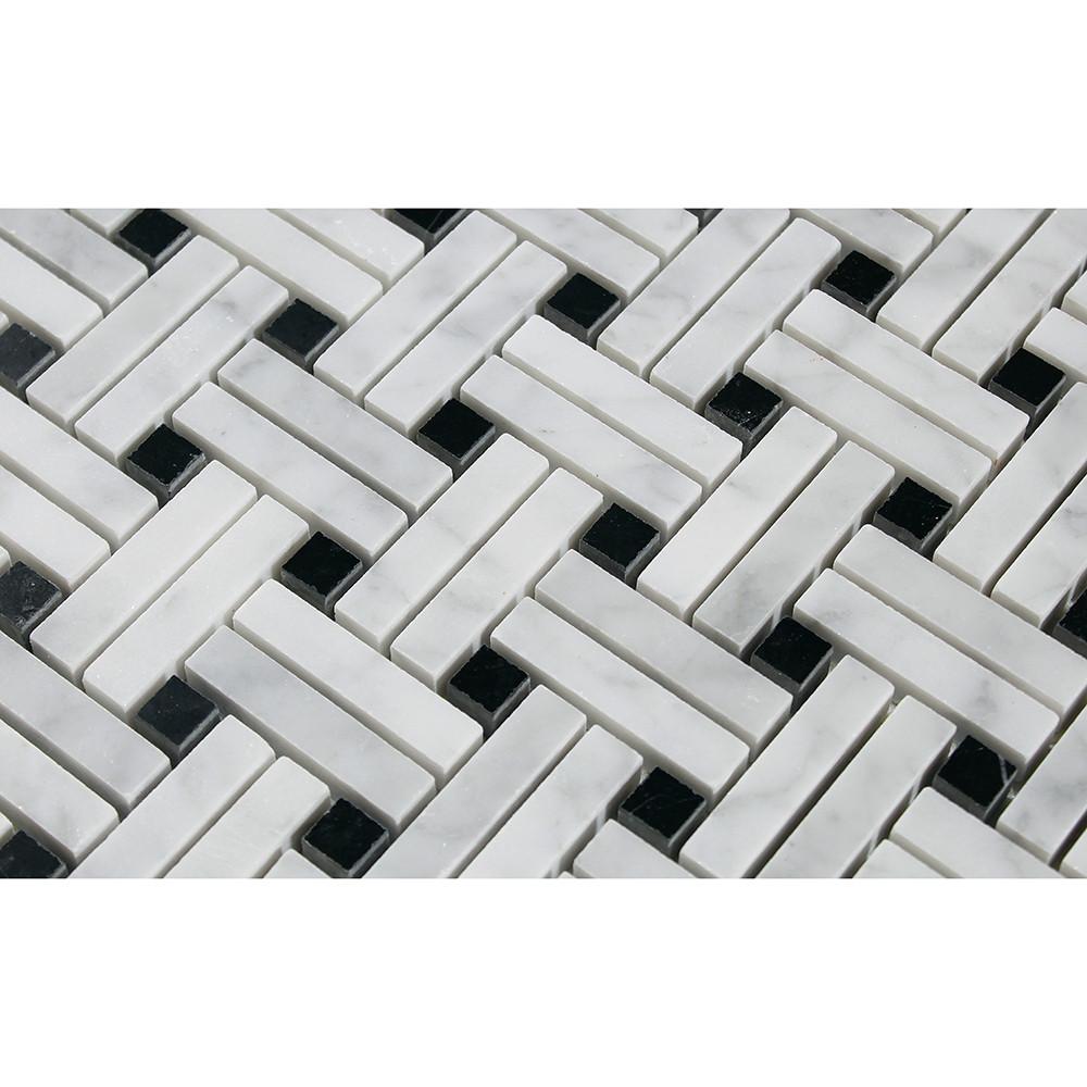 White Carrara Marble Stanza Black Dot Polished Mosaic Tile