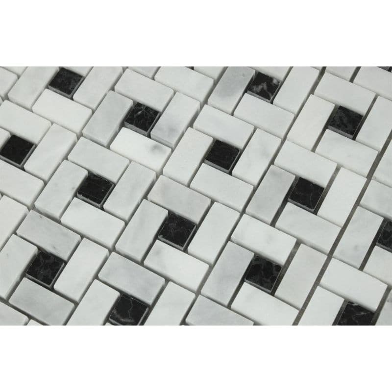 White Carrara Marble Pinwheel w/Black dots Polished Mosaic Tile