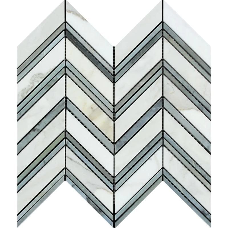 Calacatta Gold Marble Chevron with Blue Strips Polished Mosaic Tile