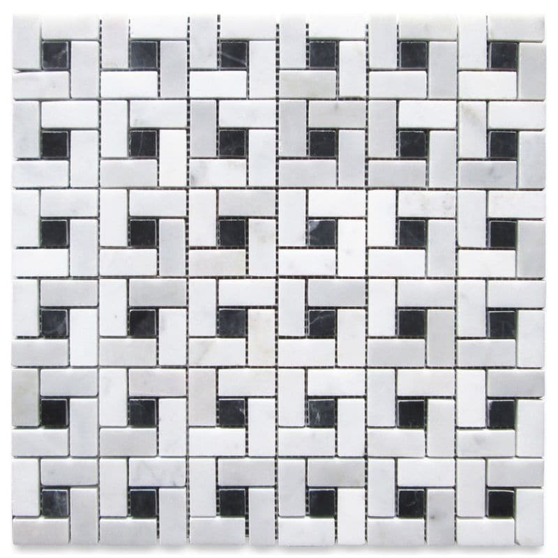 White Carrara Marble Pinwheel w/Black dots Polished Mosaic Tile