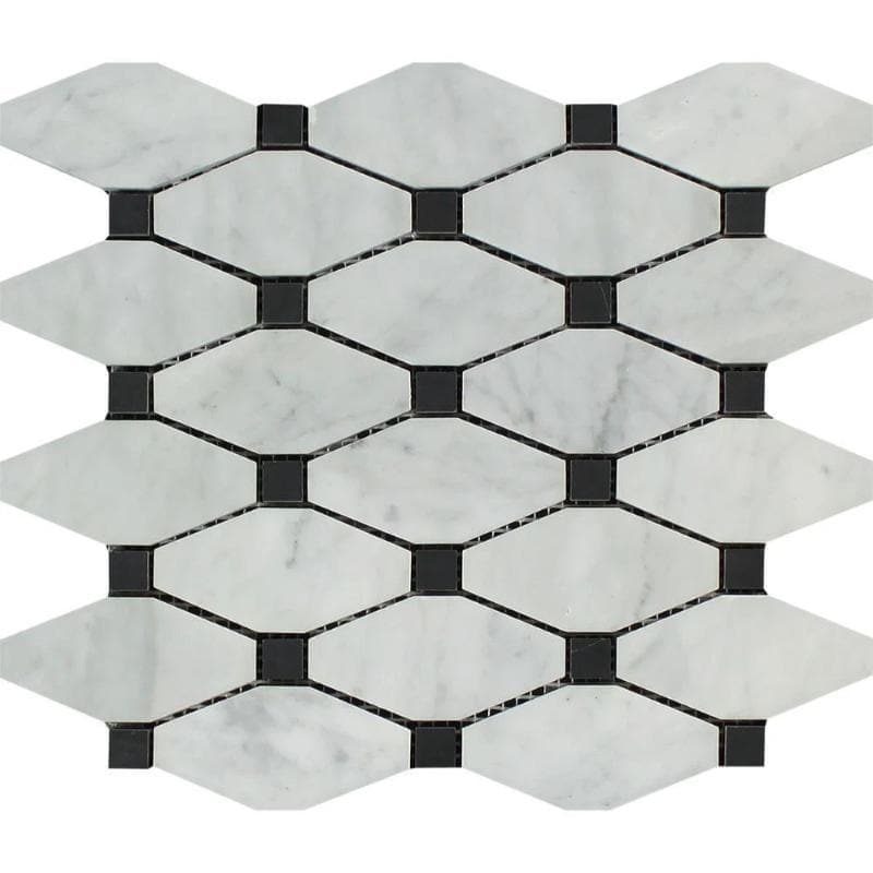 White Carrara Marble Octave with Black Dots Polished Mosaic Tile