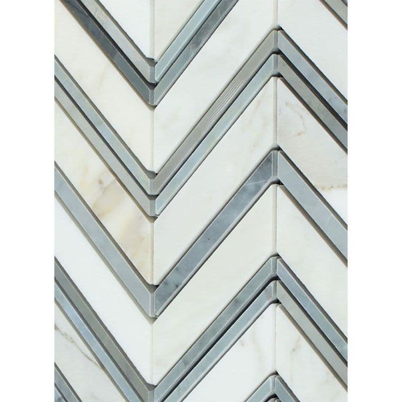 Calacatta Gold Marble Chevron with Blue Strips Honed Mosaic Tile