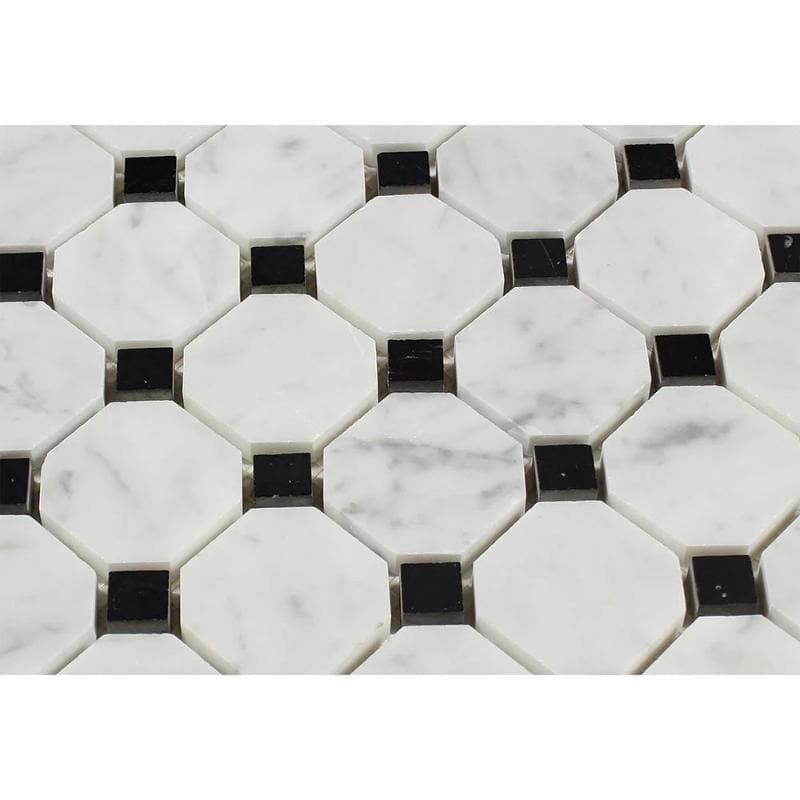 White Carrara Marble Octagon with Black Dots Polished Mosaic Tile