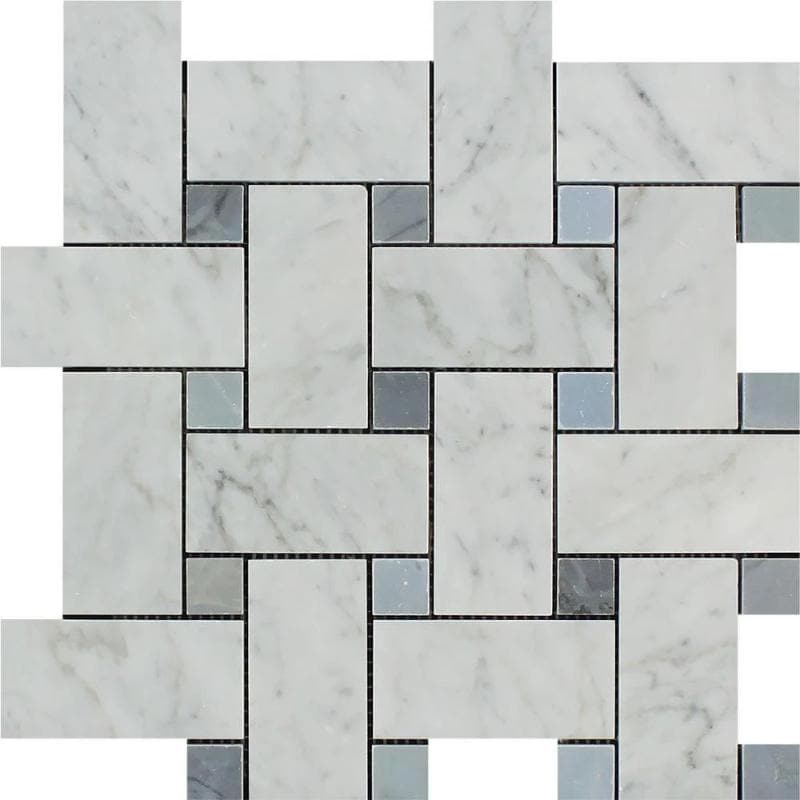 White Carrara Marble Large Basketweave with Blue Dots Polished Mosaic Tile