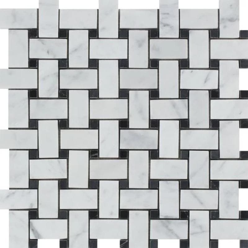 White Carrara Marble Honed Basketweave with Black Dots Mosaic Tile