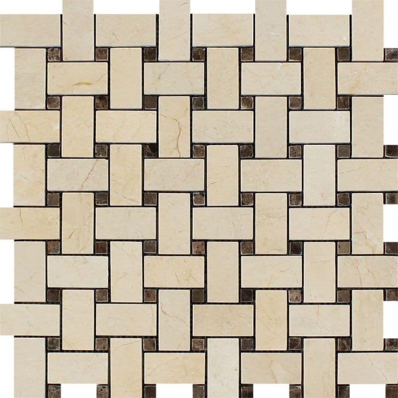 Crema Marfil Marble Basketweave w/ Emp Dots Polished Mosaic Tile