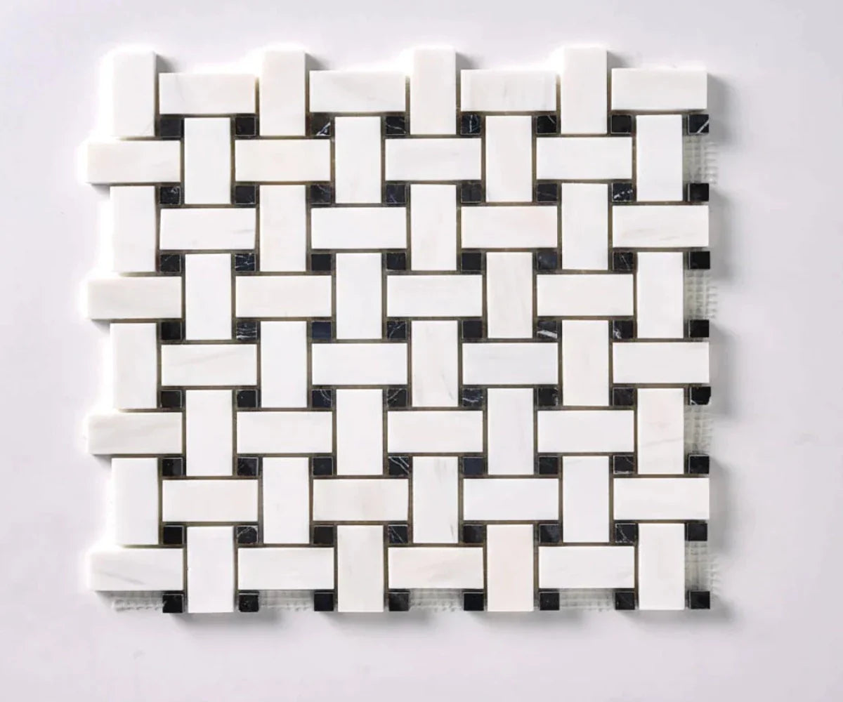 Bianco Dolomite Marble Basketweave with Black Dots Polished Mosaic Tile
