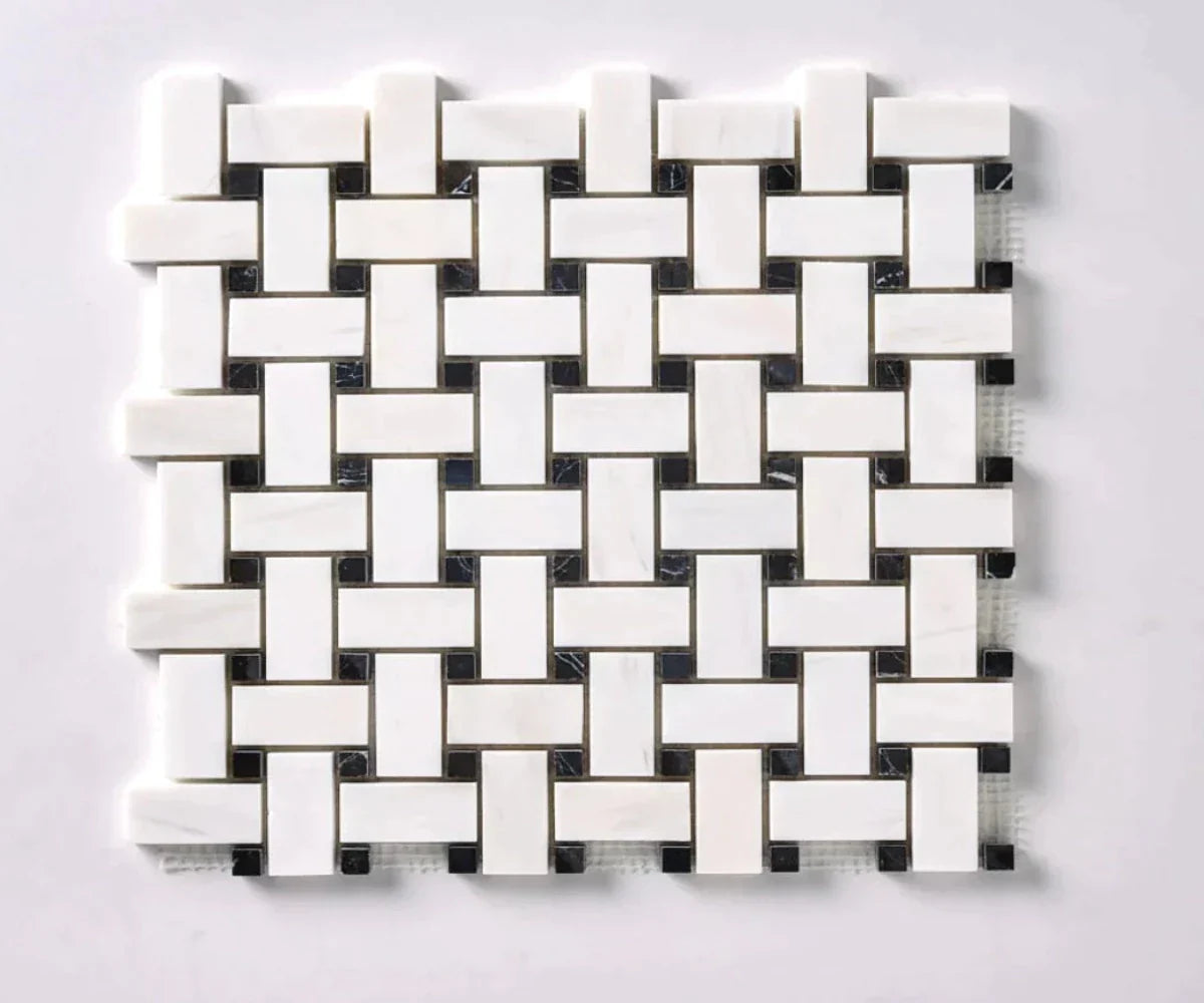 Bianco Dolomite Marble Basketweave with Black Dots Honed Mosaic Tile