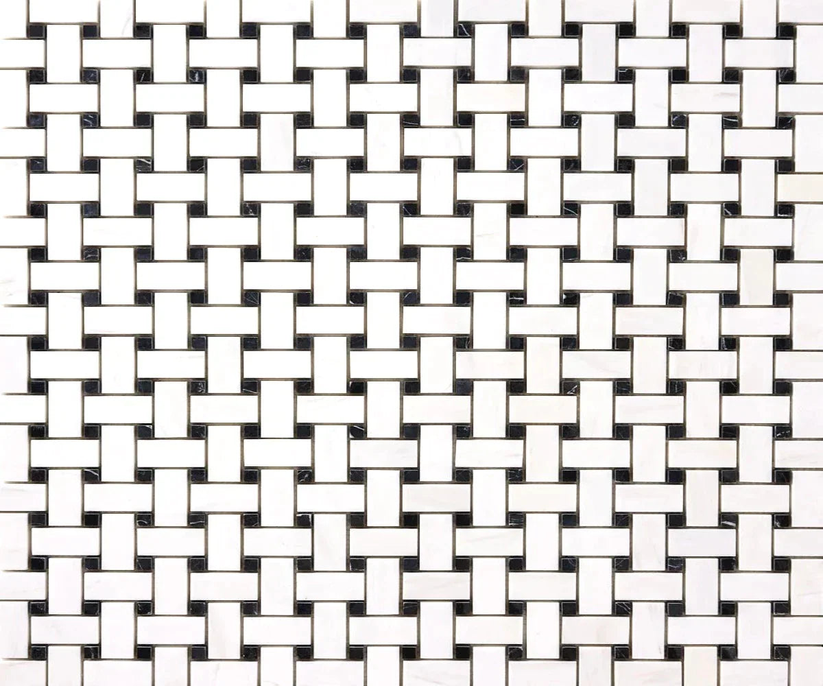 Bianco Dolomite Marble Basketweave with Black Dots Honed Mosaic Tile