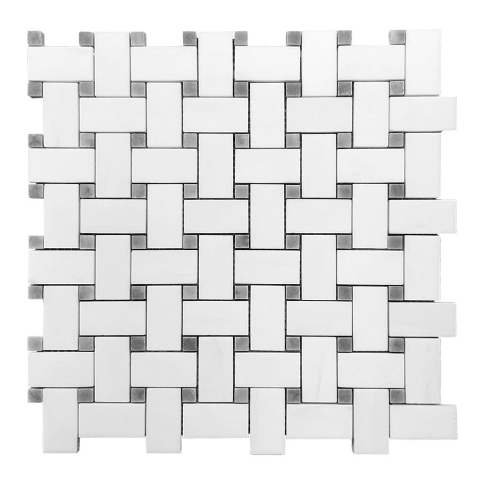 Bianco Dolomite Marble Basketweave with Gray Dots Polished Mosaic Tile