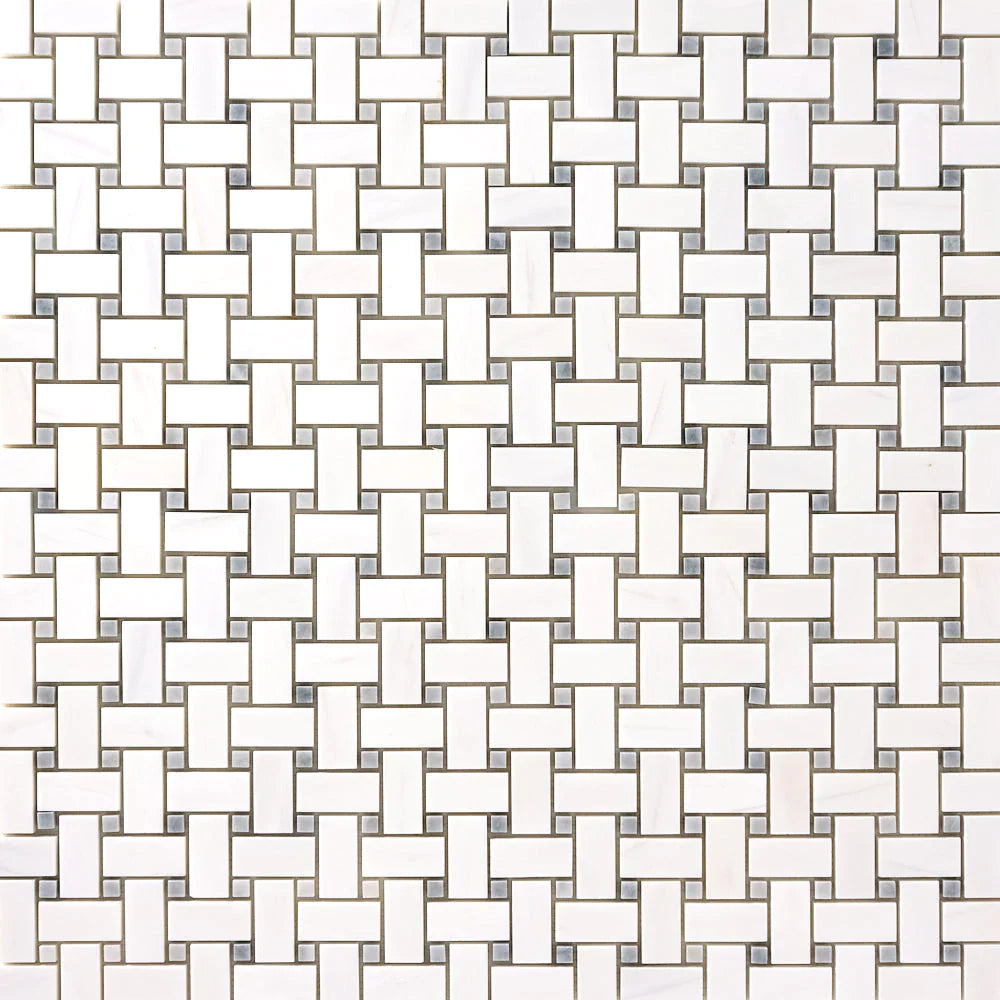 Bianco Dolomite Marble Basketweave with Gray Dots Honed Mosaic Tile