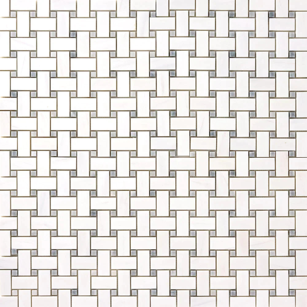Bianco Dolomite Marble Basketweave with Gray Dots Polished Mosaic Tile