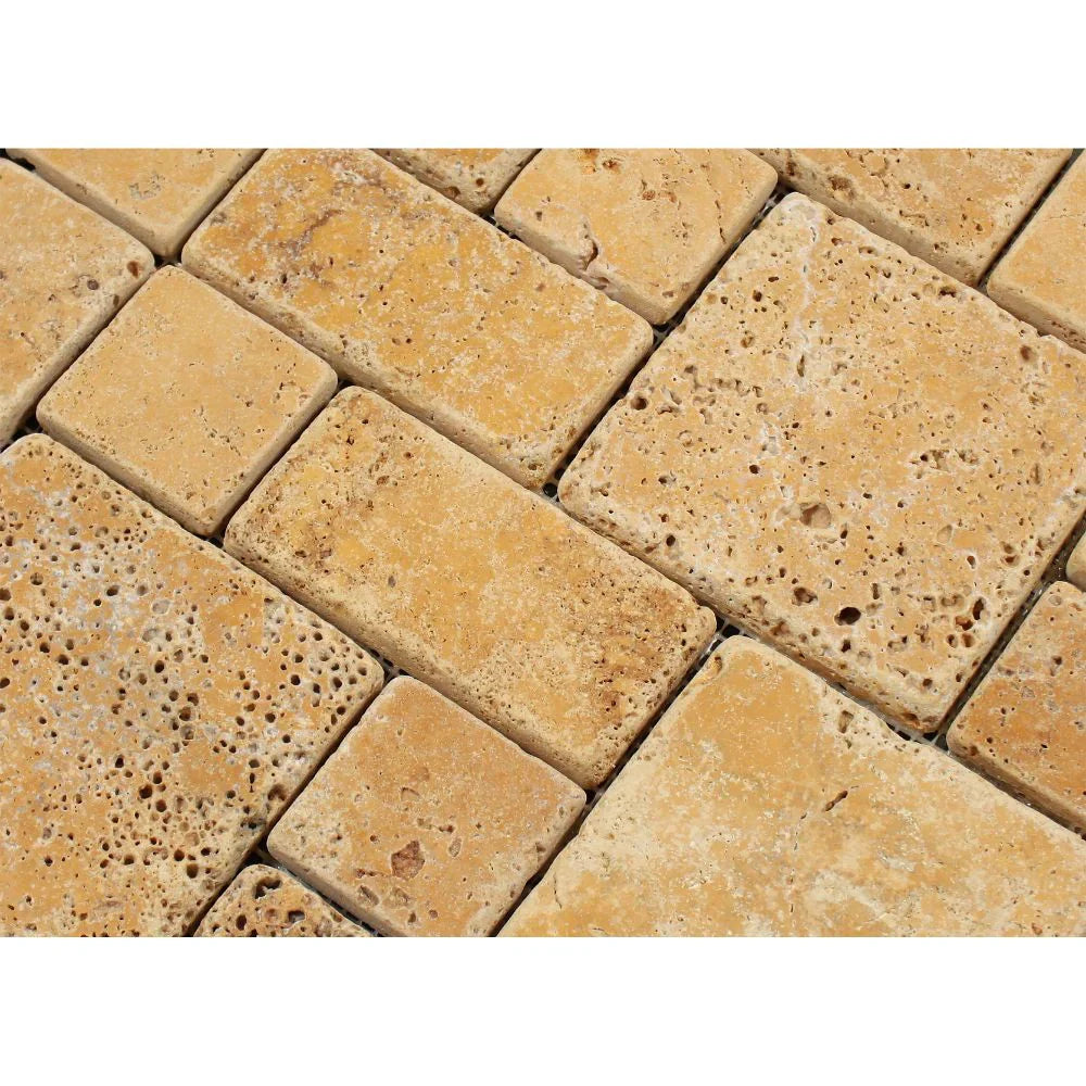 Gold Travertine Mini Pattern Square Tumbled Mosaic Tile