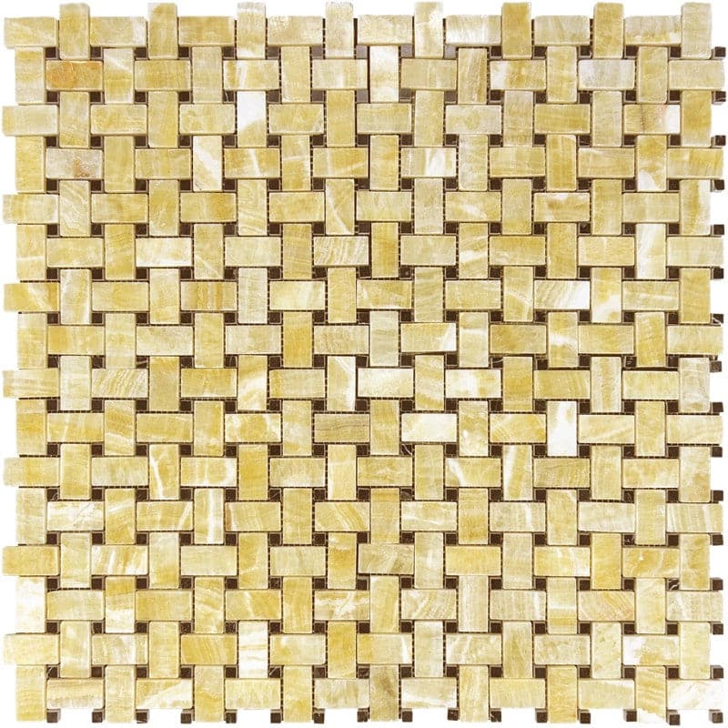 Honey Onyx Basketweave w/ Black Dots Polished Mosaic Tile