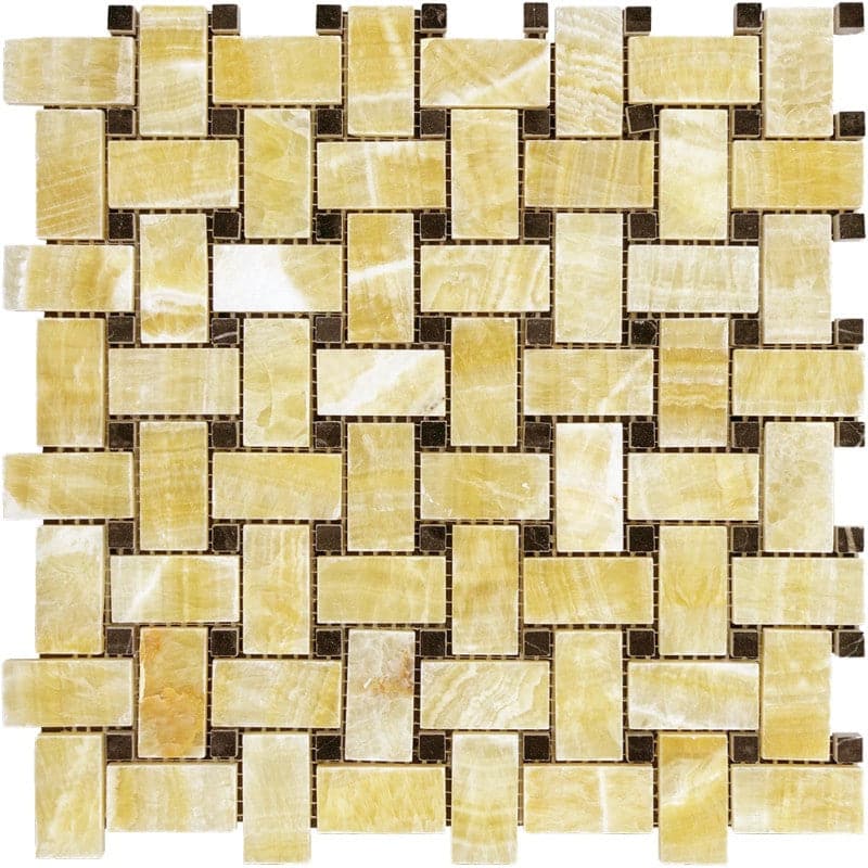 Honey Onyx Basketweave w/ Black Dots Polished Mosaic Tile