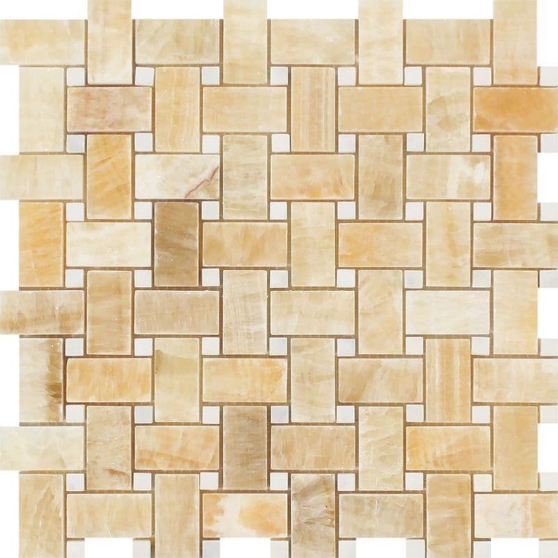 Honey Onyx Basketweave White Dots Polished Mosaic Tile