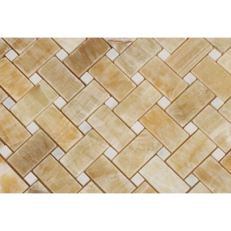 Honey Onyx Basketweave White Dots Polished Mosaic Tile