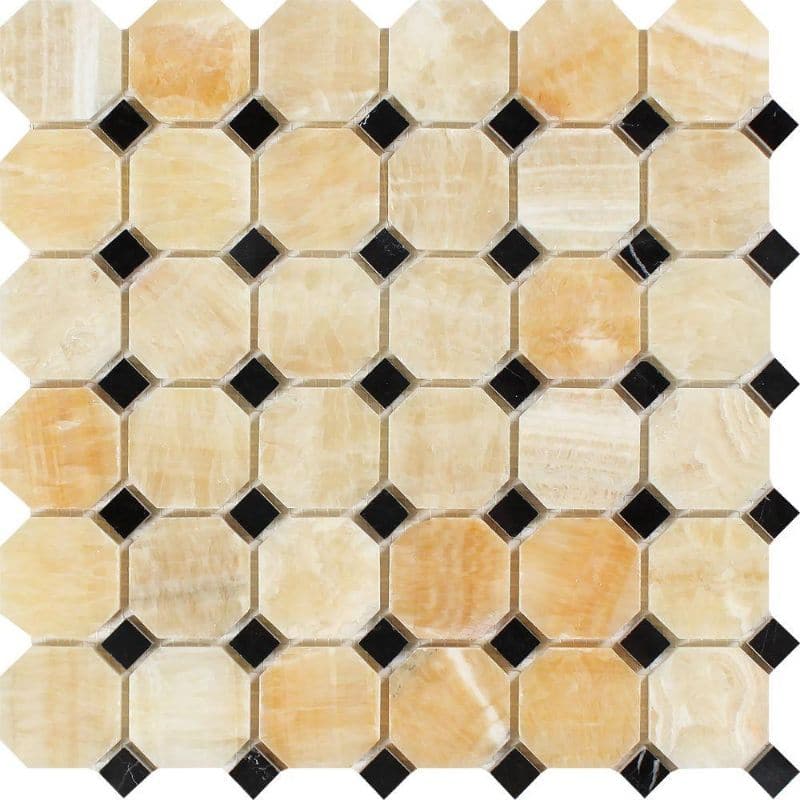 Honey Onyx Octagon with Black Dots Polished Mosaic Tile