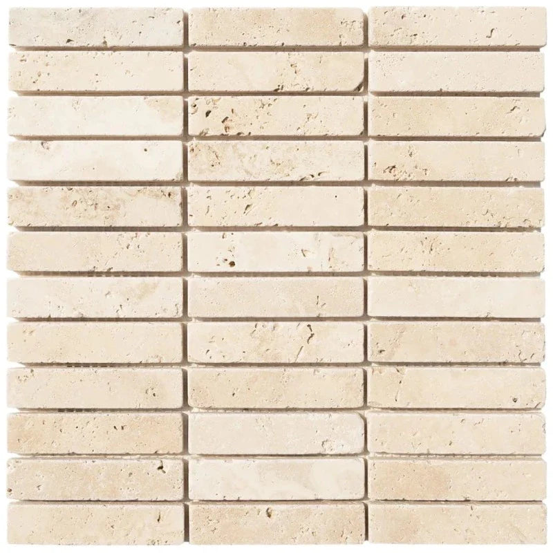 Ivory Travertine 1x4 Stacked Tumbled Mosaic Tile (Clearance)